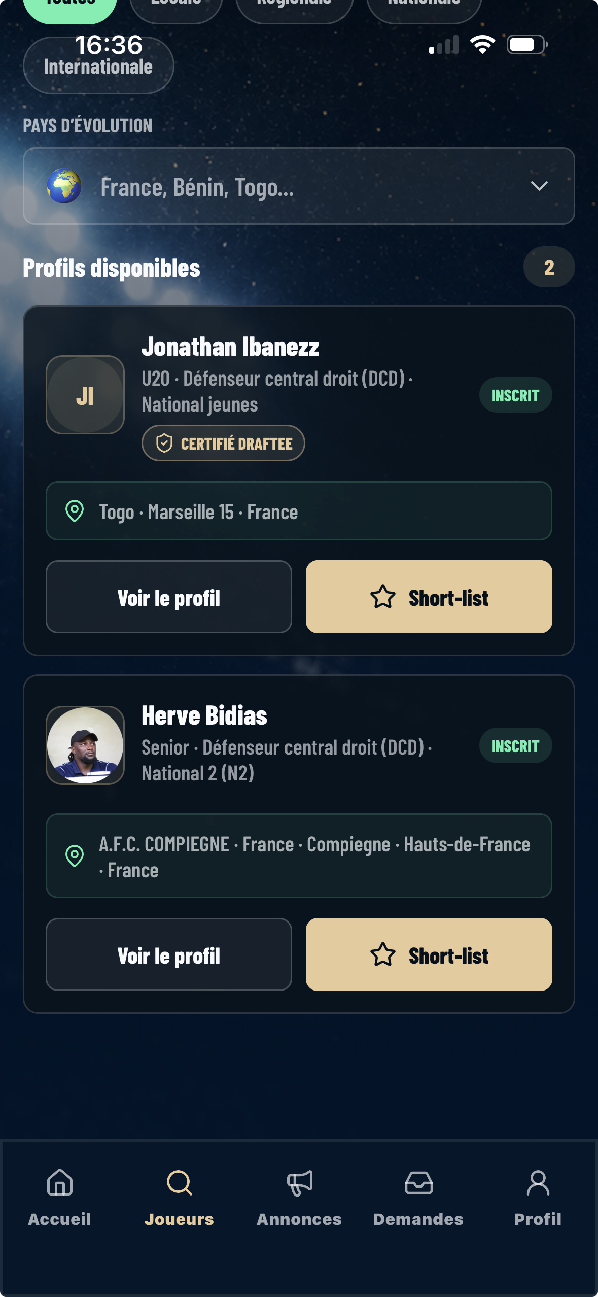 Recherche de joueurs DRAFTEE